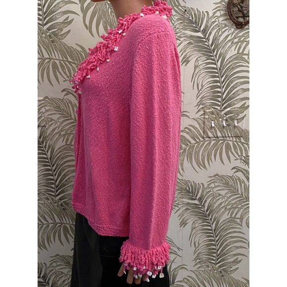 Vtg Cardigan Sweater Pink Fringe Mother Of Pearl Barbiecore Coquette feminine L - Picture 5 of 14